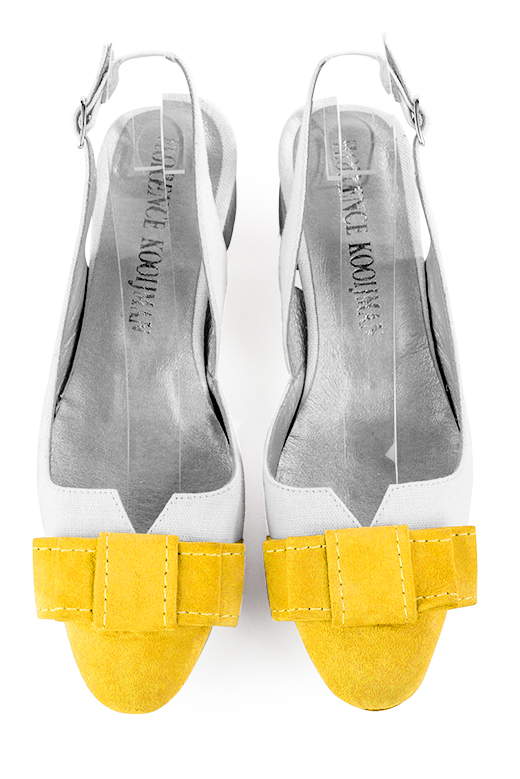 Yellow and pure white women's open back shoes, with a knot. Round toe. Low flare heels. Top view - Florence KOOIJMAN